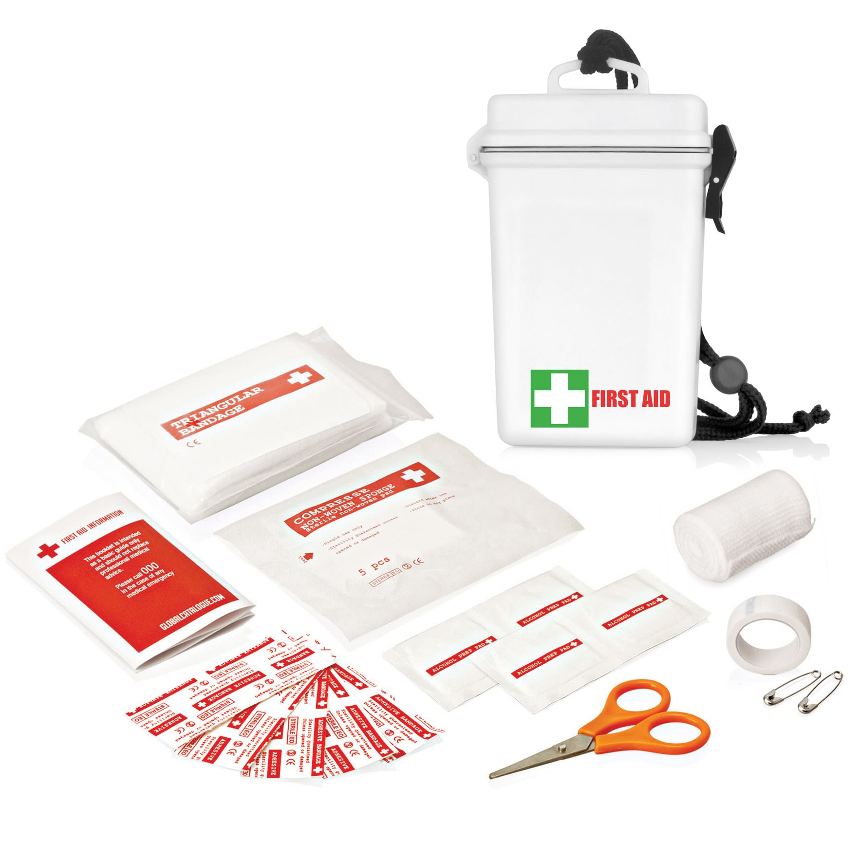 Waterproof white first aid kit containing 21 items, including bandages, wipes, scissors, and tape.