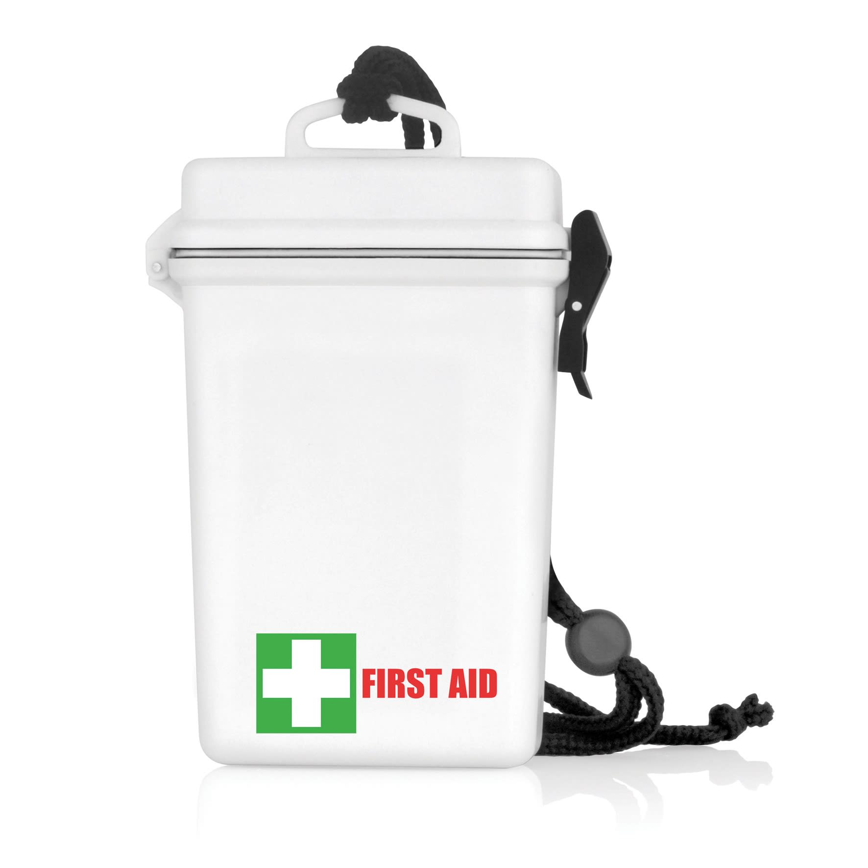 A waterproof white first aid kit with a black strap and a green cross symbol on the front.