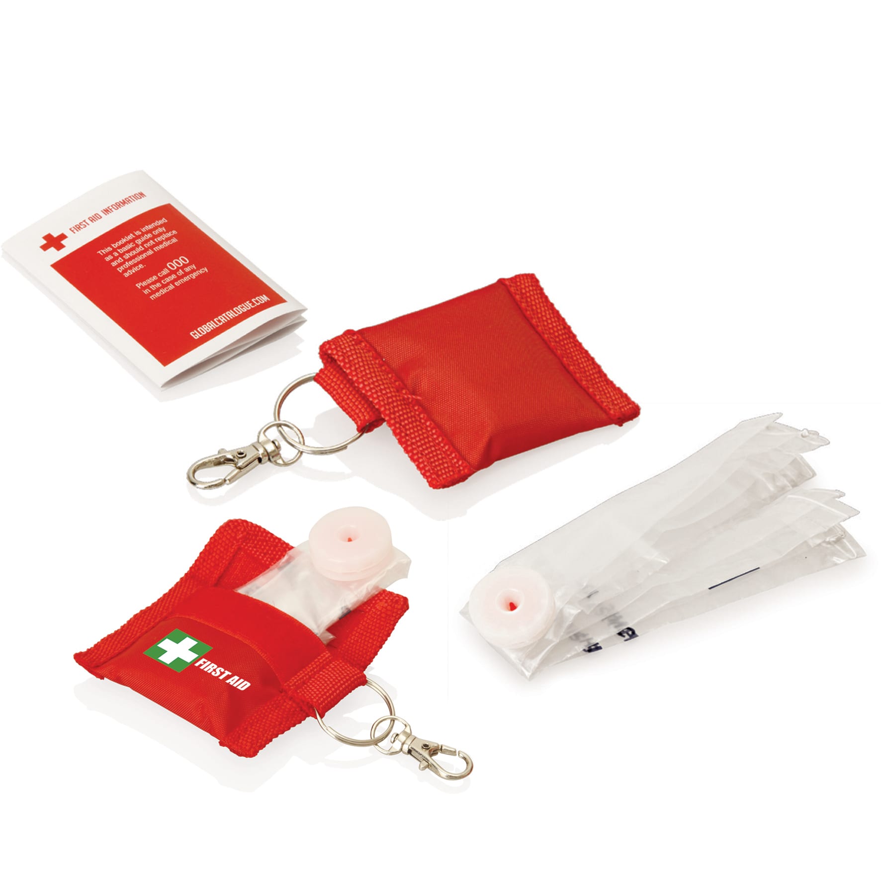 A red first aid CPR mask keyring with a transparent pocket, containing a CPR mask and instructions.