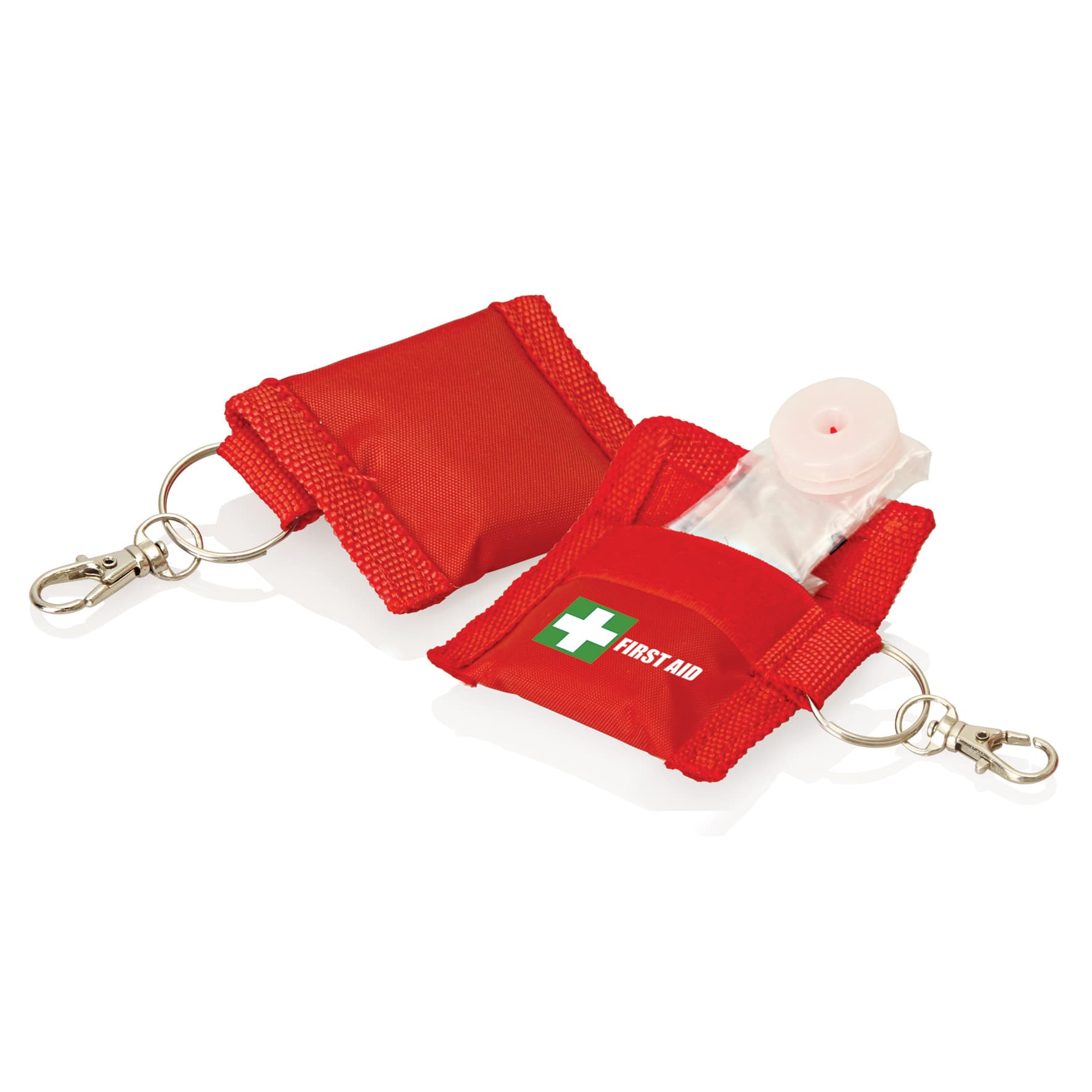 A red keyring pouch containing a CPR mask, featuring a first aid logo and a clip for attachment.