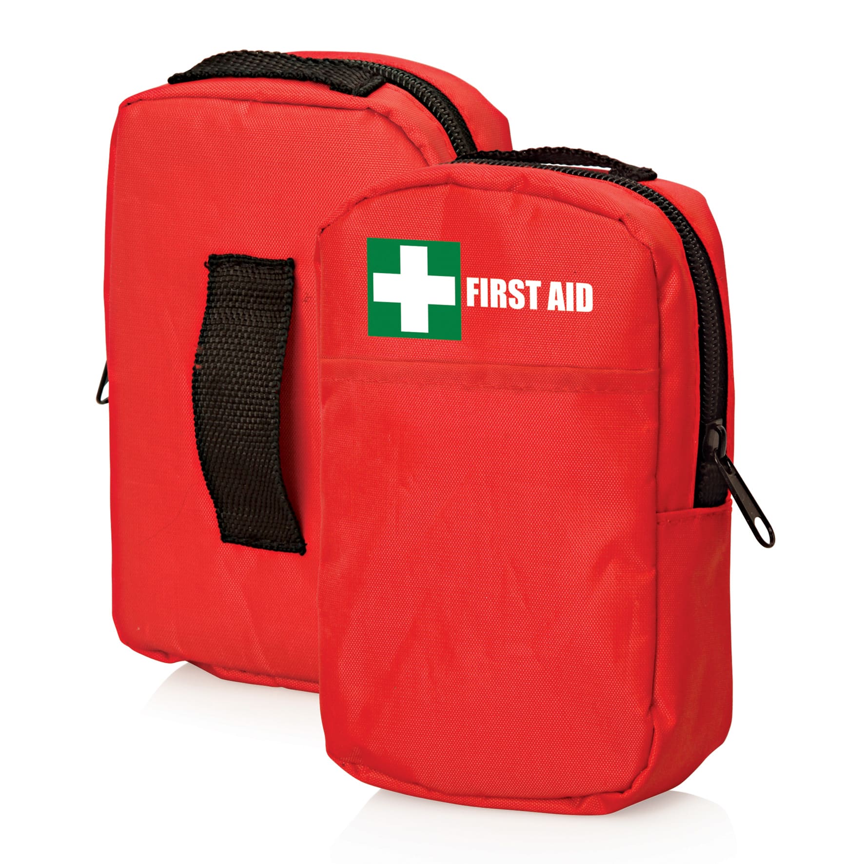 A red first aid kit with a zippered closure and a carrying handle, featuring a logo on the front.