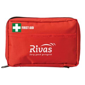 A red first aid kit pouch with a logo, featuring a zippered closure and an external pocket.