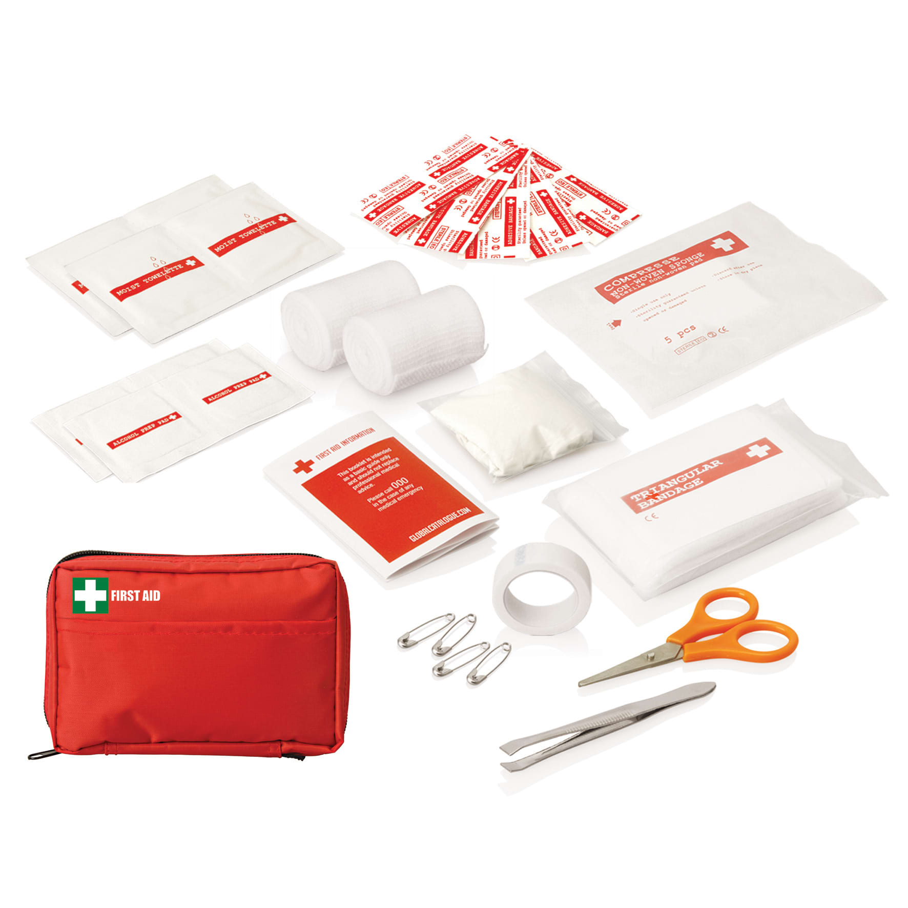 A red first aid kit pouch containing 30 medical supplies, including bandages, scissors, tweezers, and adhesive tape.