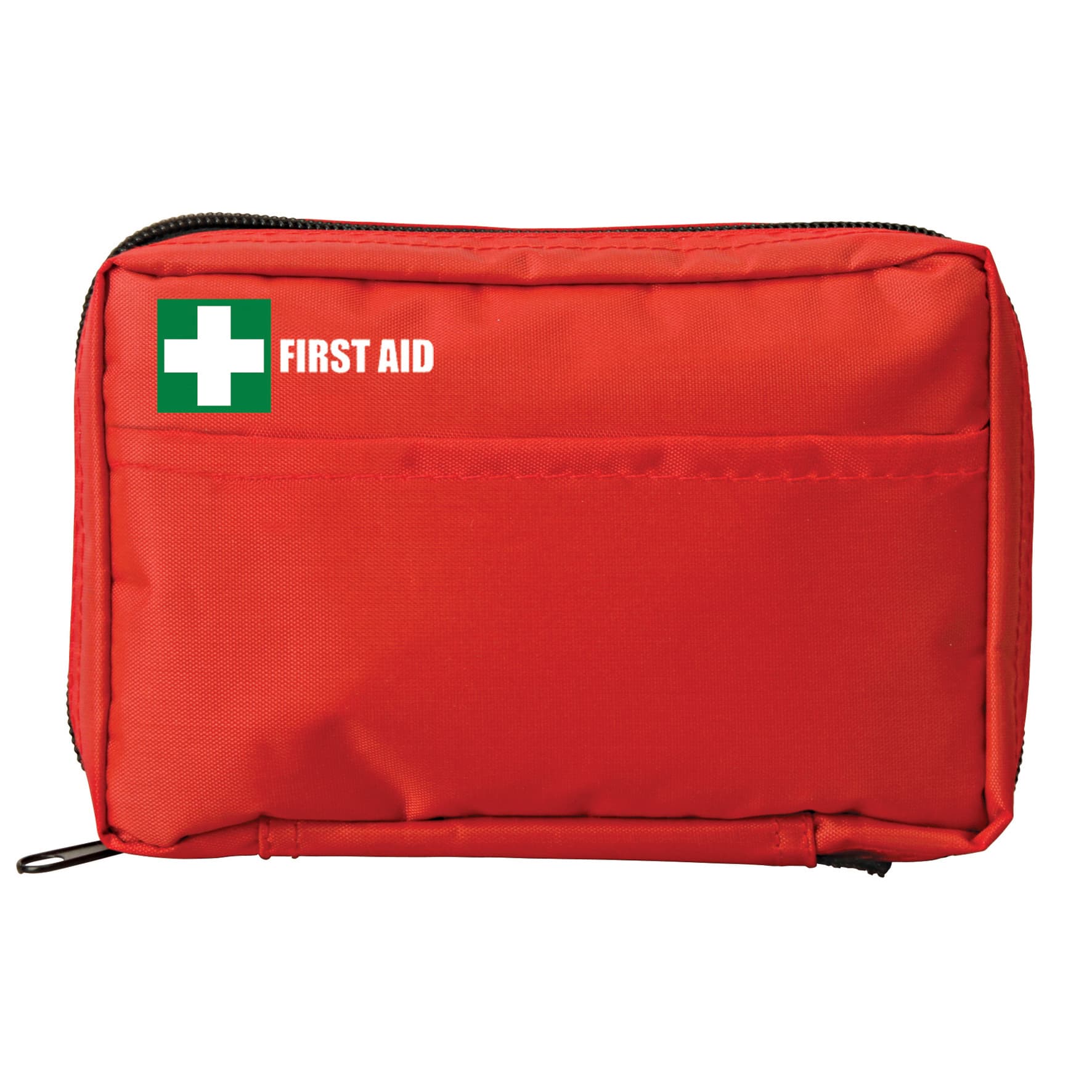 A red first aid kit pouch featuring a green cross logo, designed for holding assorted medical supplies.