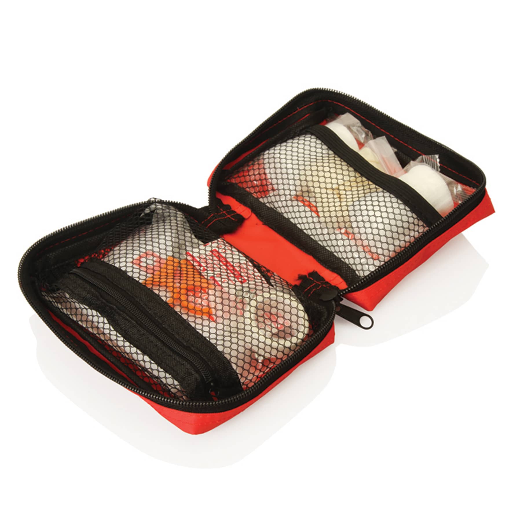 A red first aid kit pouch, unzipped, featuring various medical supplies and organised mesh pockets inside.