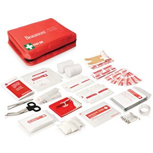 A red first aid kit containing gauze, bandages, scissors, antiseptic, and various medical supplies, with a branded logo.