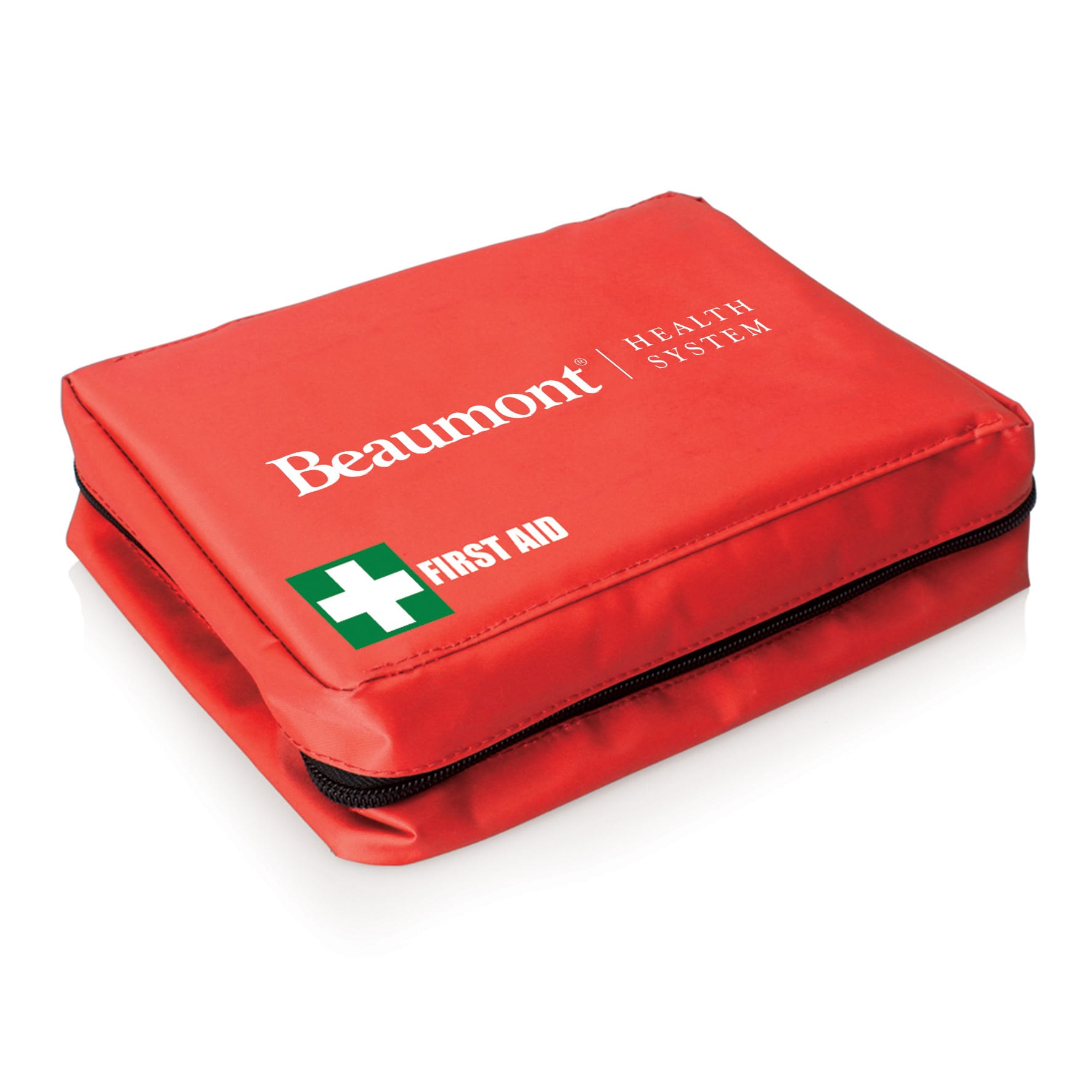 A red first aid kit with a zippered closure, featuring a logo and a green cross symbol.