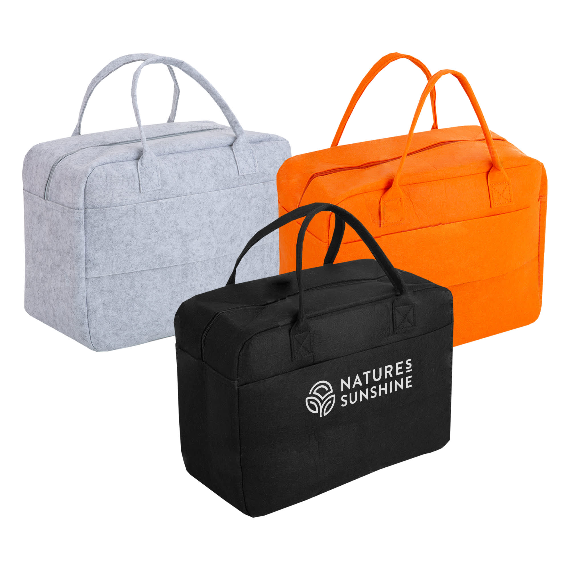 A felt travel bag collection in grey, orange, and black, featuring handles and a logo on one bag.