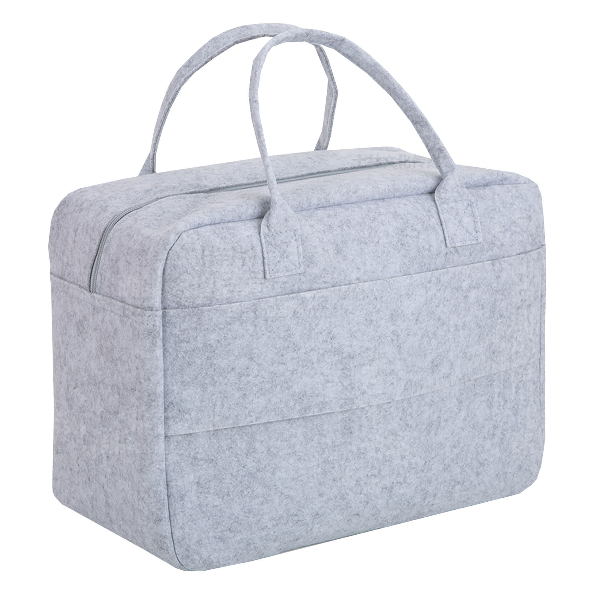 A grey felt travel bag with two handles and a zip closure, featuring a soft, textured surface.