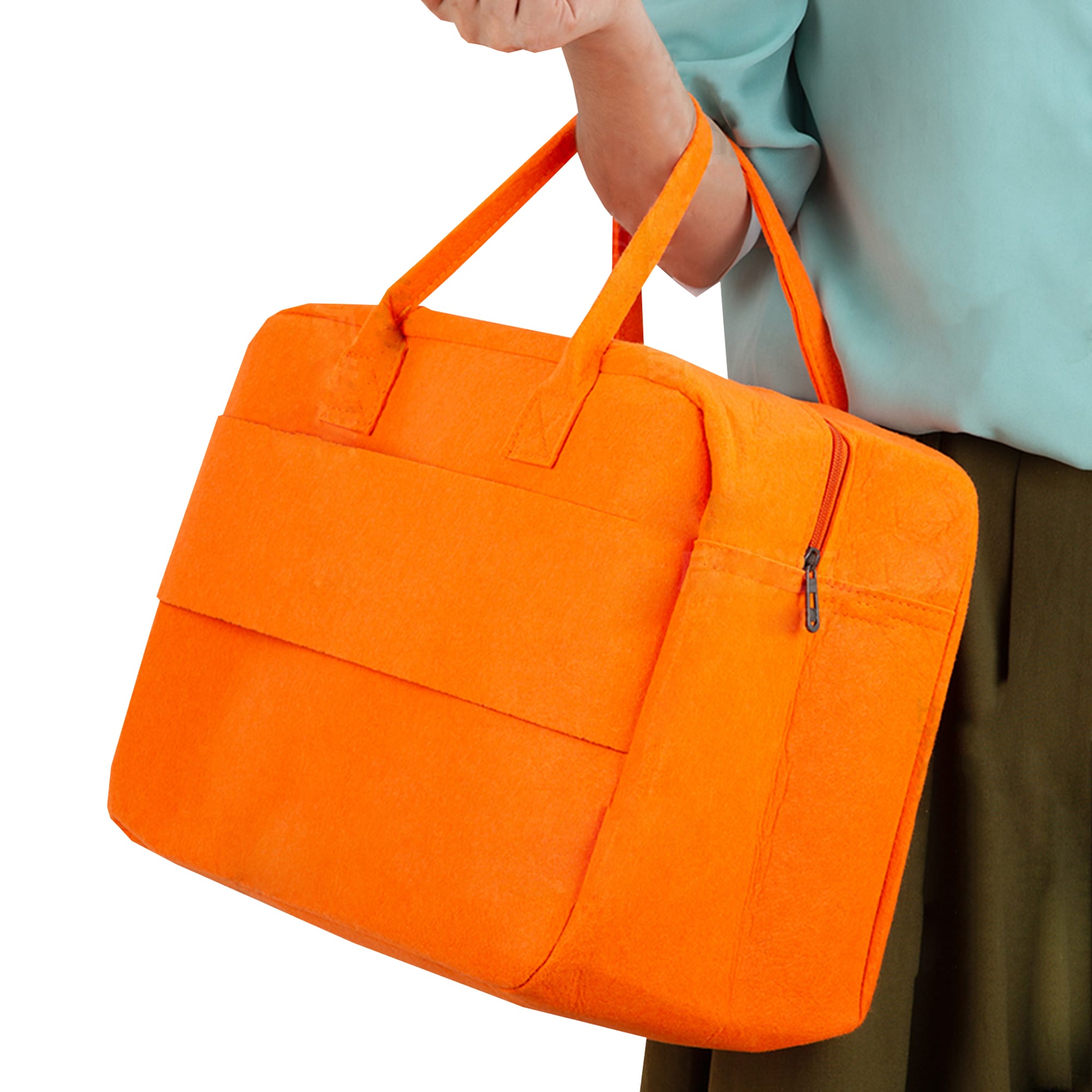 An orange felt travel bag with two handles and a zipped compartment, held by a person.