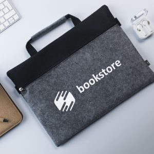 A grey felt carry case with a black zipper and handle, featuring a logo and branding.
