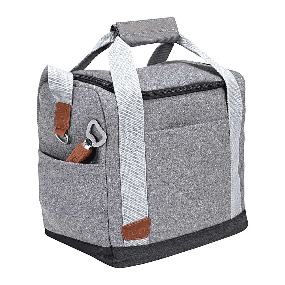 A grey cooler bag with a zippered top, holding six drink bottles and featuring a front pocket.