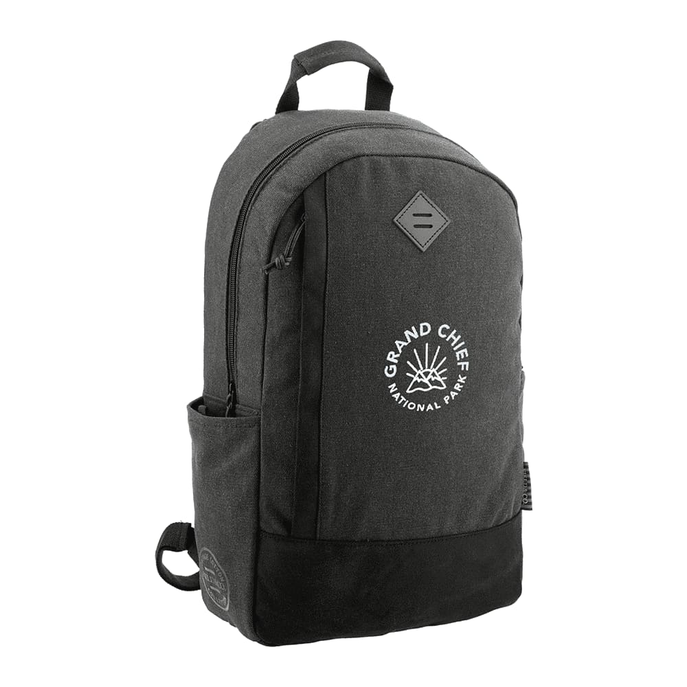 A dark grey and black laptop backpack featuring a side pocket for a drink bottle and an opening for a laptop.