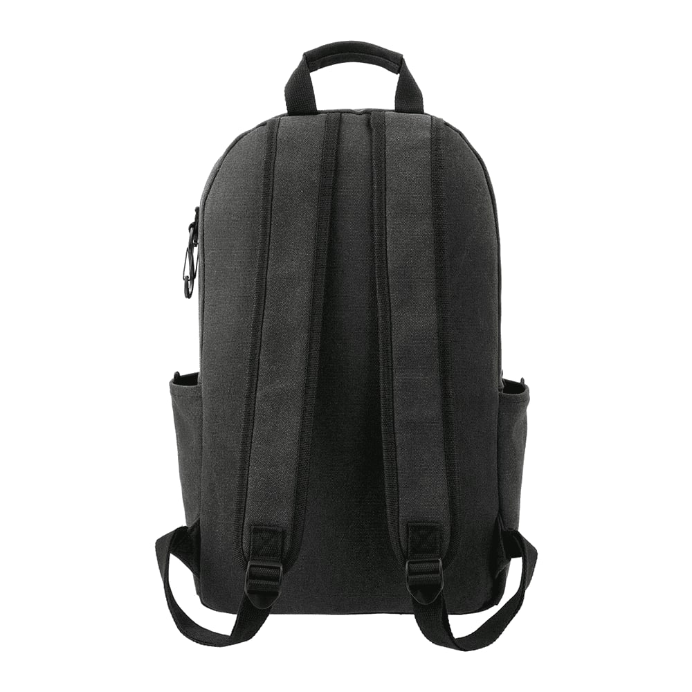 A grey and black computer backpack with a side pocket and branding details. Ideal for carrying laptops and essentials.
