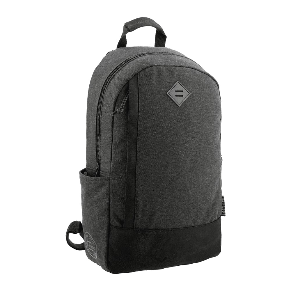A black laptop backpack with padded shoulder straps and side pockets. The back view shows the design and stitching details.