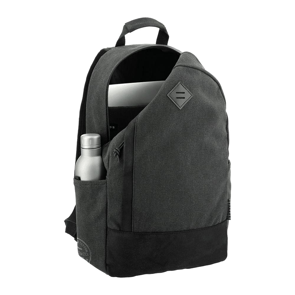 A grey laptop backpack with a pocket for a drink bottle and a logo on the front. Suitable for carrying laptops up to 15 inches.