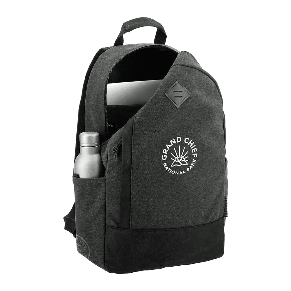 A grey and black laptop backpack with a branded logo and side pocket. Ideal for carrying a computer and essentials.