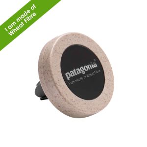 A round car vent mount in beige and black, made from plant fibres, featuring a logo on its surface.
