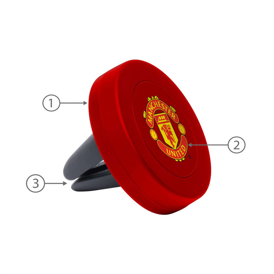 A red magnetic car mount holder with a logo on the top, designed for holding smartphones.