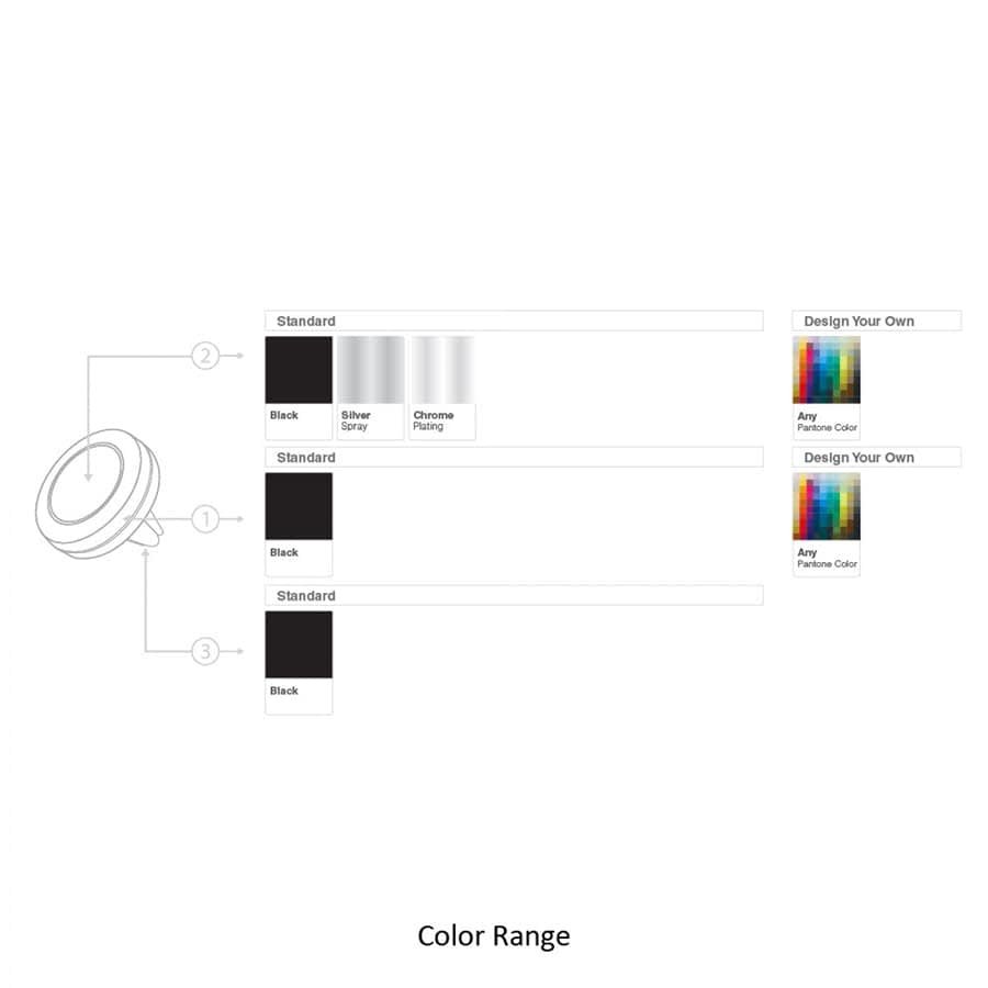 A round magnetic car mount with various colour options, including black and silver, featuring a logo.