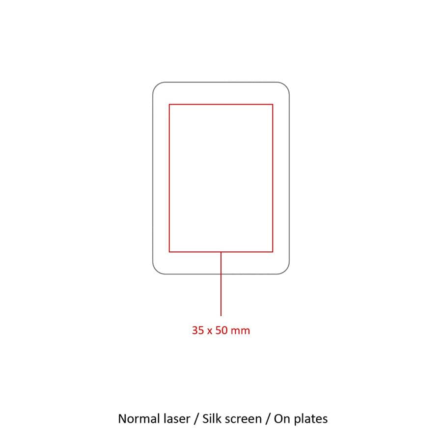 An illustration of a rectangular car phone mount with a measurement guide. The design is outlined in red.