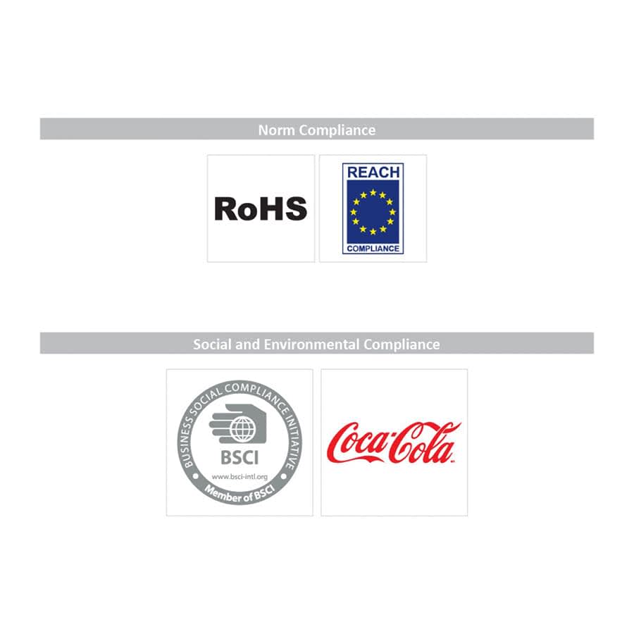 A collection of compliance logos including RoHS, REACH, BSCI, and Coca-Cola branding, all in various monochrome shades.