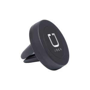 A black universal magnetic car mount with a circular design and a logo on the front.