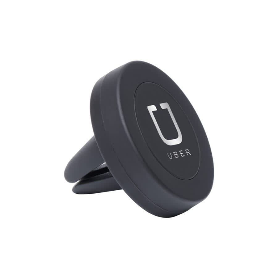 A black universal magnetic car mount with a circular design and a logo on the front.