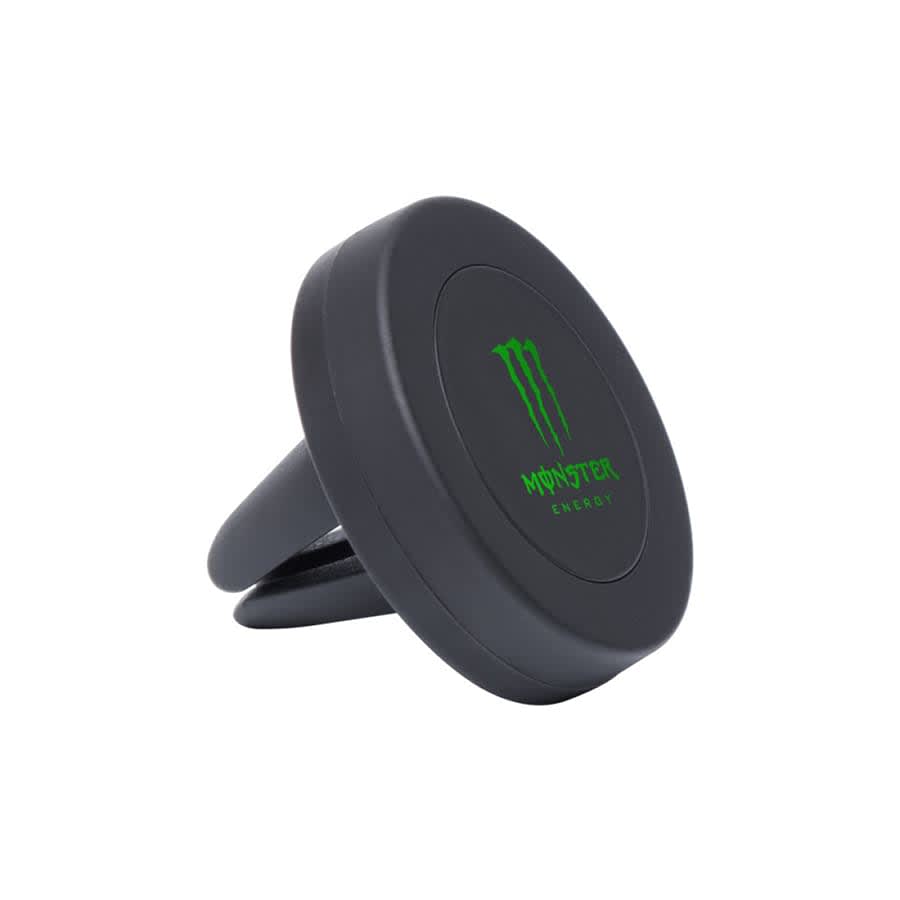 A black car phone holder with a green logo, designed for easy phone mounting.