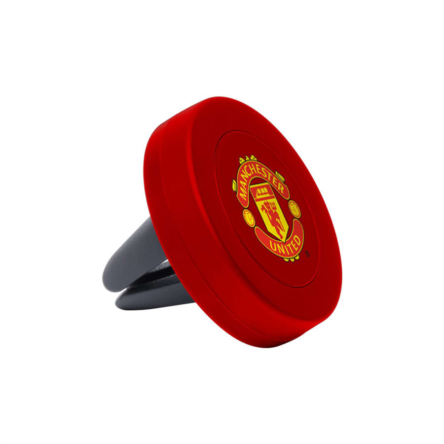 A red magnetic car mount with a black base featuring a logo. Suitable for holding phones securely in vehicles.