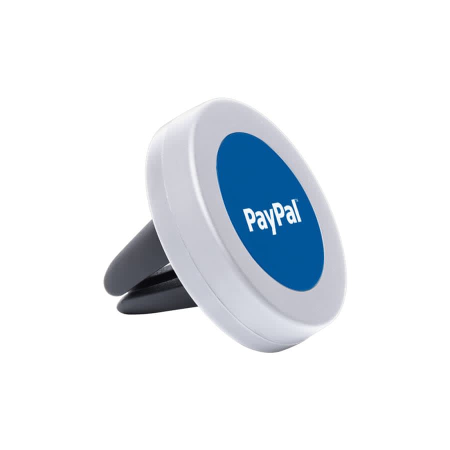 A circular magnetic car mount in white and black, featuring a blue logo.