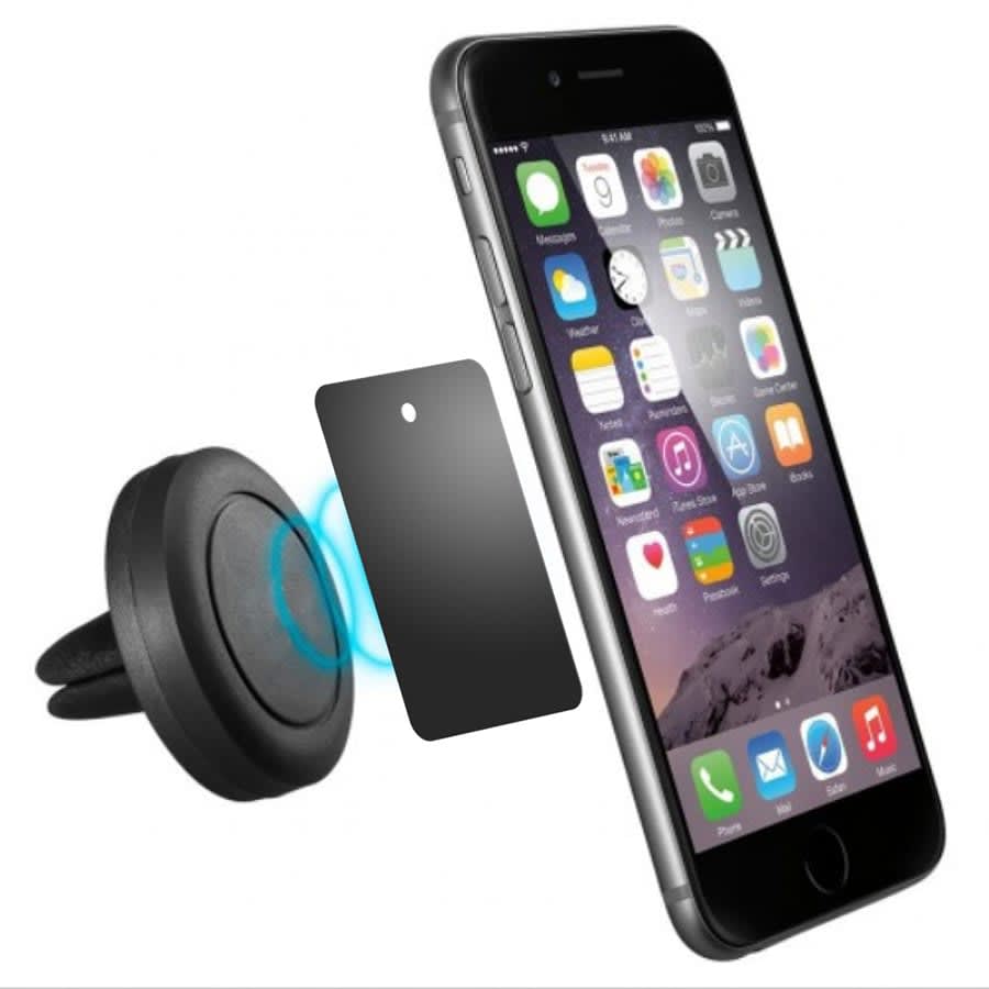 A black universal magnetic car mount alongside a smartphone displaying various apps. The mount has a logo on it.