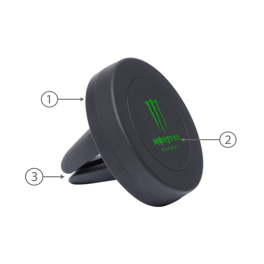 A black magnetic car mount with a logo, featuring a sturdy clip and a round base for holding devices.