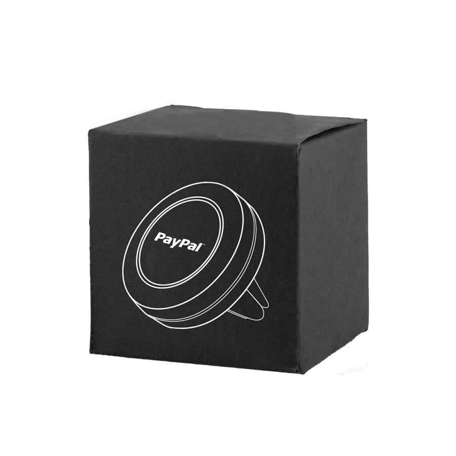 A black box containing a round magnetic car mount with a logo, designed for securing phones in vehicles.