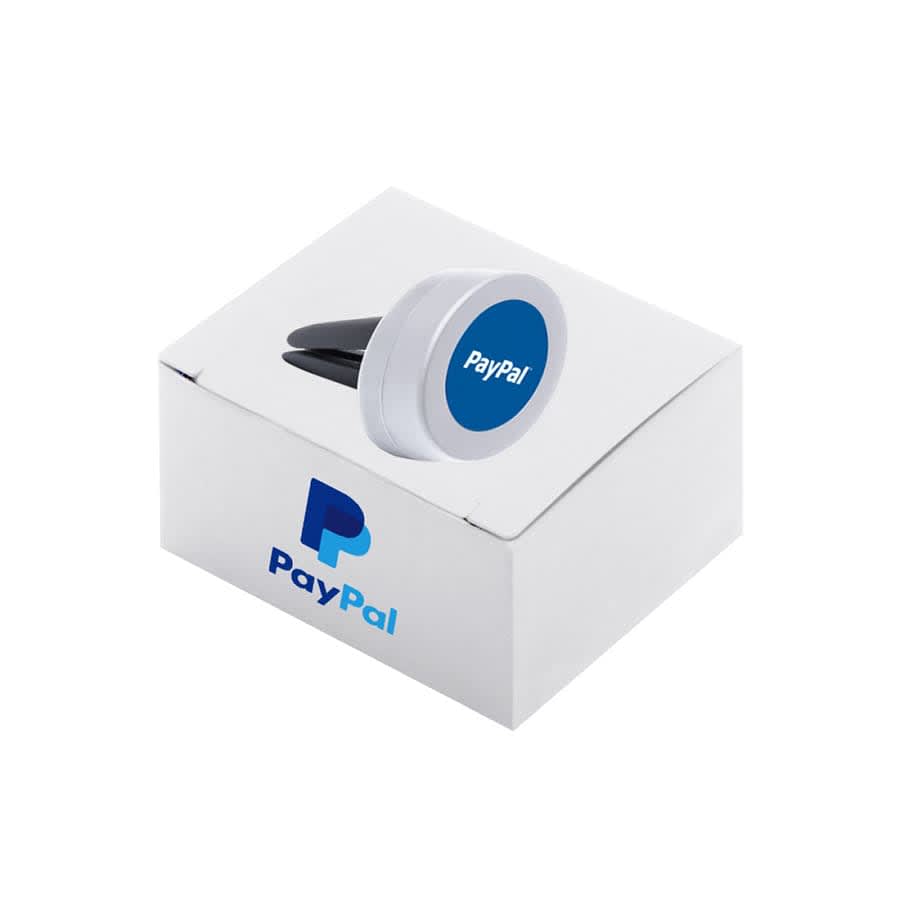 A universal magnetic car mount in black and white, placed inside a white box with a logo.