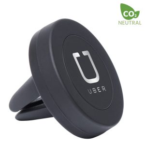 A round black car phone holder with a holder clip and a logo in the centre. Features a CO2 neutral badge.