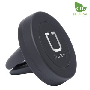 A round black car phone holder with a holder clip and a logo in the centre. Features a CO2 neutral badge.