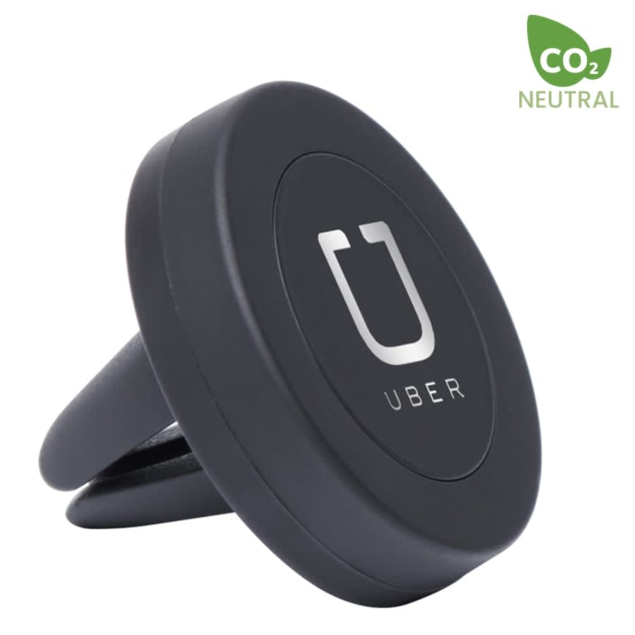 A round black car phone holder with a holder clip and a logo in the centre. Features a CO2 neutral badge.