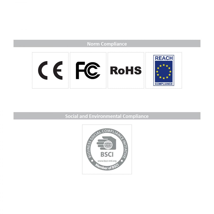 A collection of compliance logos including CE, FCC, RoHS, REACH, and BSCI on a white background.