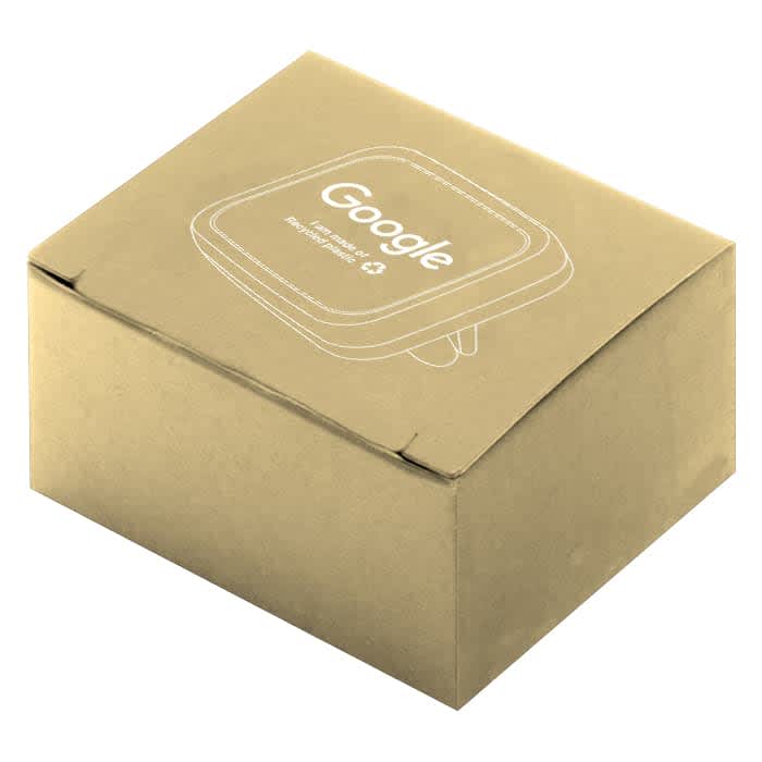 A rectangular brown packaging box featuring a white logo, designed for a tech product.