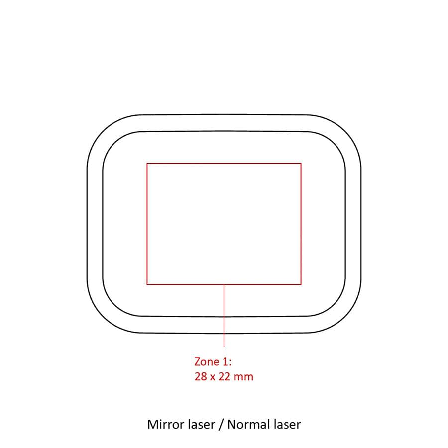 A drawing of a rectangular outline with a smaller rectangle inside, including dimensions for a laser engraving area.