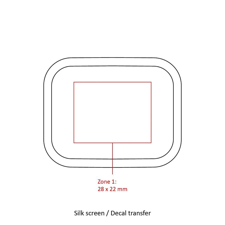 A rectangular design template with rounded corners and a central zone for printing. Features a simple outline.