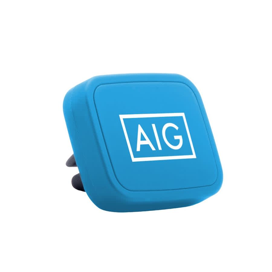 A blue magnetic car mount with an air vent clip, featuring a logo on the front.