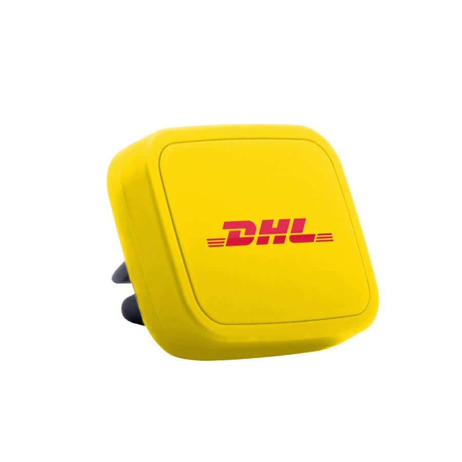 A yellow universal magnetic car mount with a logo on the front, designed for holding phones.