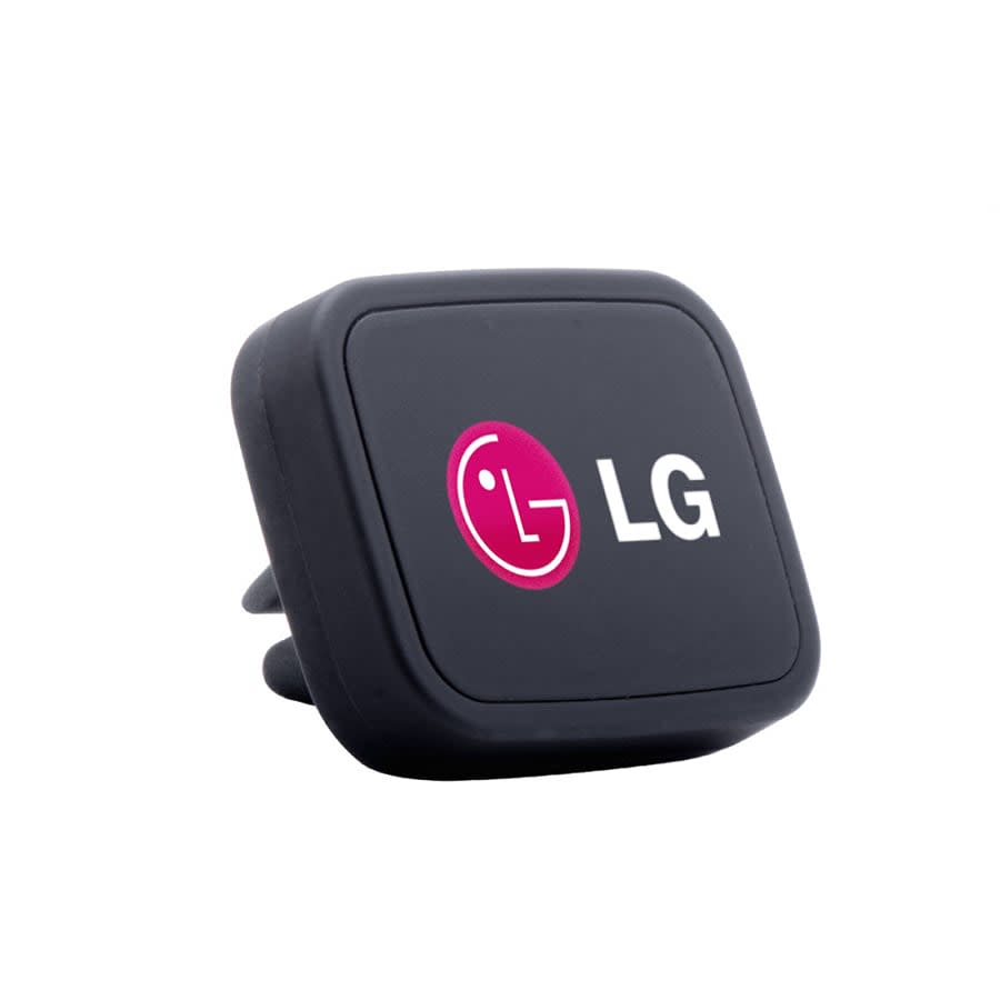 A black magnetic car mount with a logo, designed for holding phones securely in vehicles.