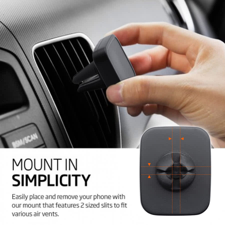 A black universal magnetic car mount designed for air vents, featuring a simple and compact design.