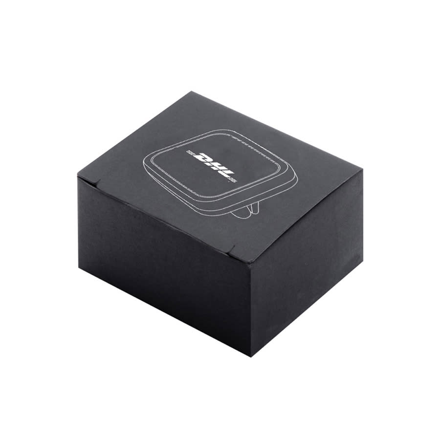 A black packaging box for a product, featuring a minimalist design and a logo on the top.