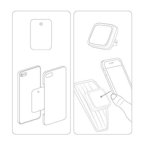 A rectangular magnet designed for phone holders, featuring a simple design with an illustration of phone attachment.