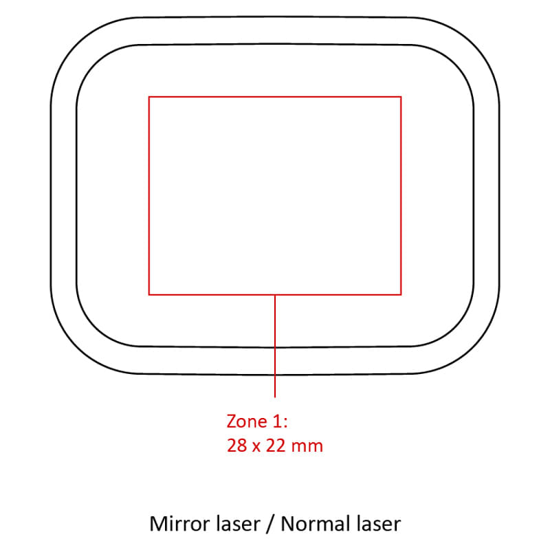 A rectangular template with rounded corners, featuring a highlighted zone for laser engraving dimensions in red.