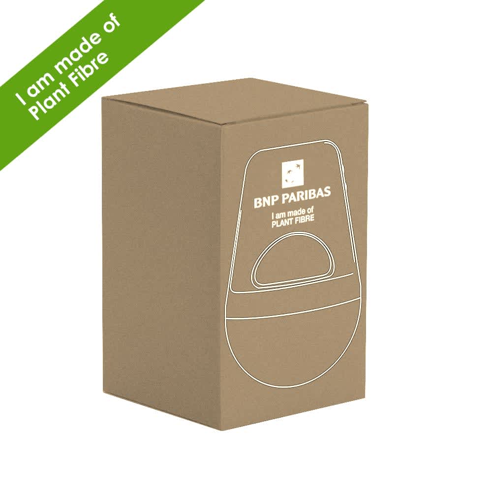 A tan box featuring a wireless speaker, made of plant fibre, with a logo on the front.